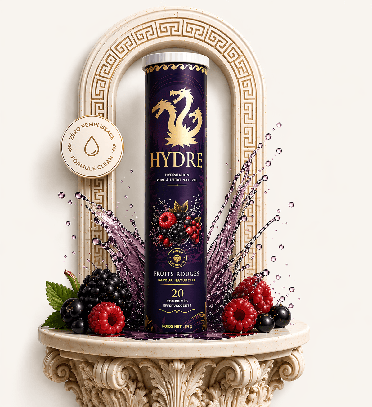 Tube Hydre sur piédestal grec, entouré de fruits rouges et d'éclats d'eau